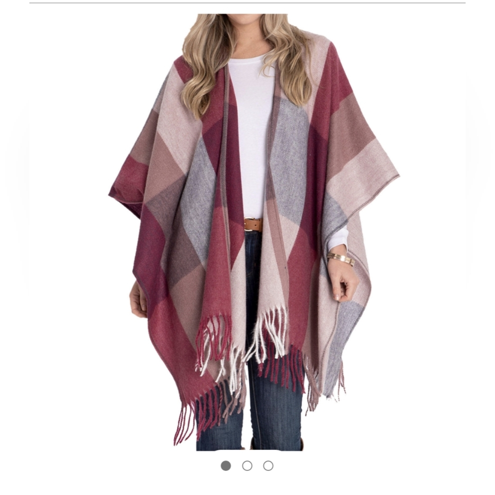 WOOLRICH Cozy Burgundy Tan Check Blanket Wrap Poncho Shawl One Size